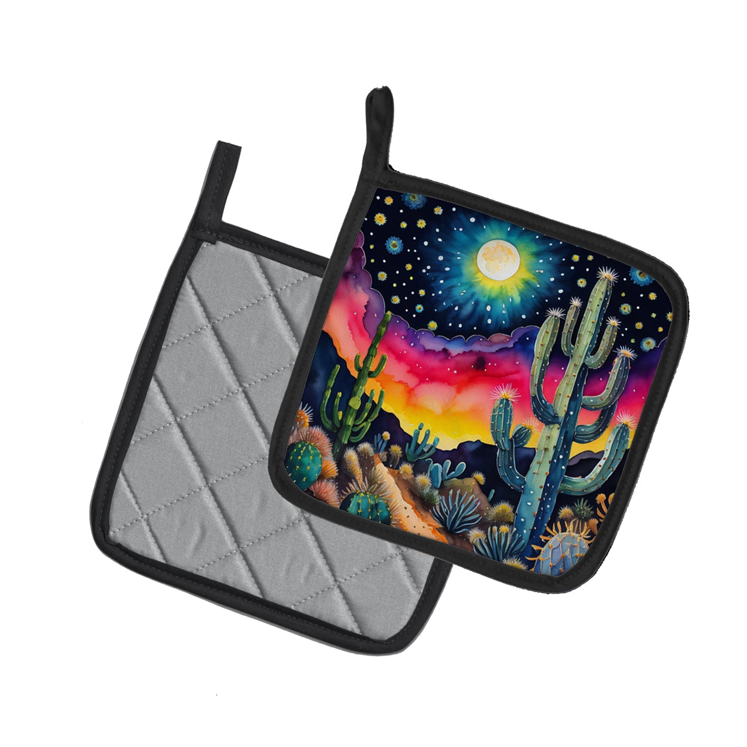 Colorful Queen of the Night Cactus Pot Holder Set of 2 Heat Resistant Quilted Hot Pads 7.5 x 7.5 Inch, Insulated Kitchen Trivets for Cooking & Baking