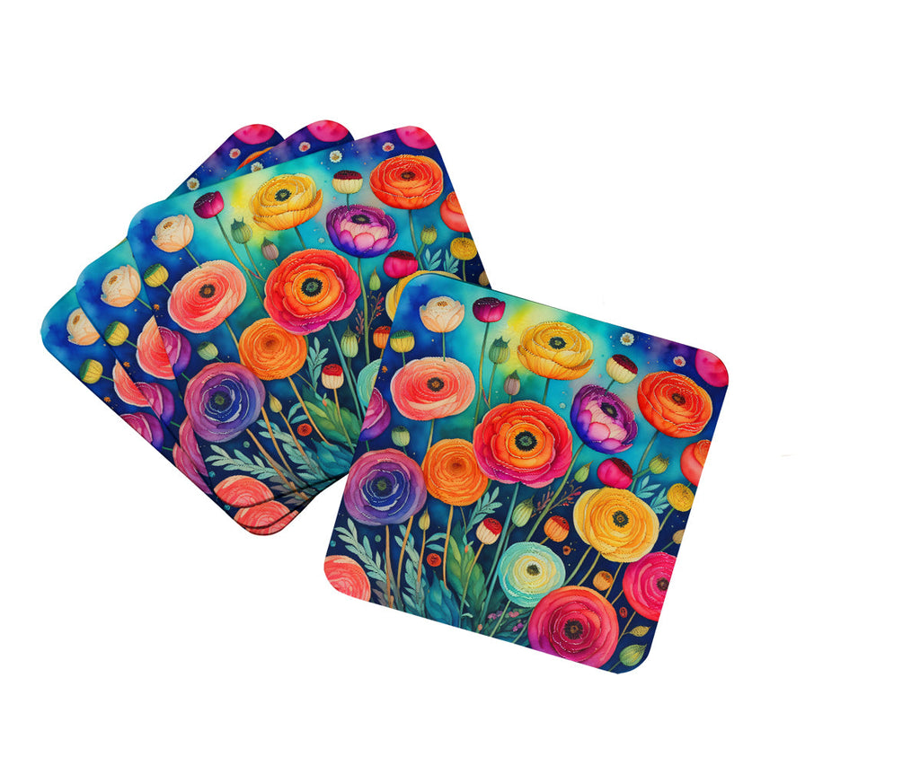 Colorful Ranunculus Foam Coasters Set of 4 Cup Coasters for Indoor Outdoor, Tabletop Protection, Anti Slip, Mouse pad Material