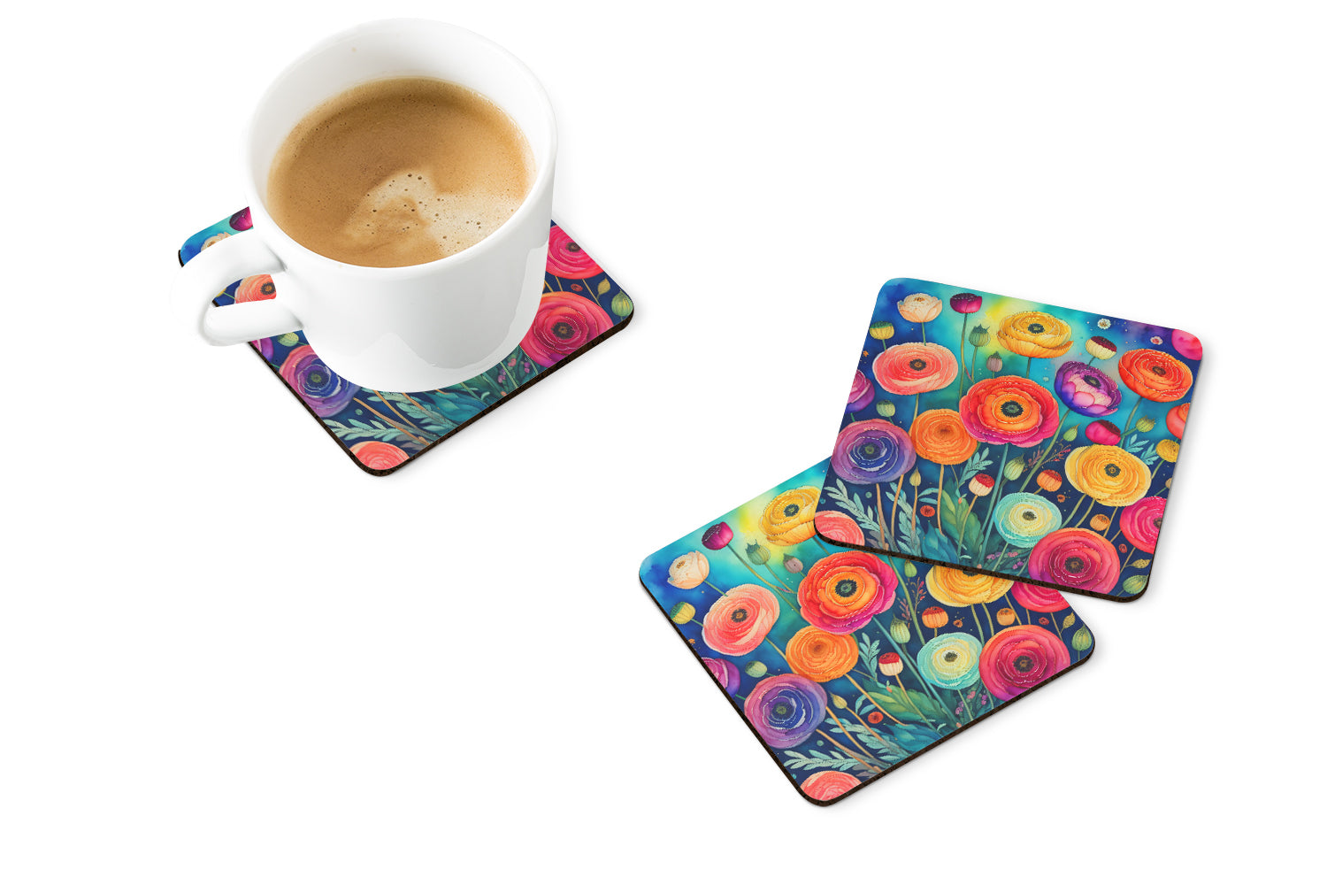 Colorful Ranunculus Foam Coasters Set of 4 Cup Coasters for Indoor Outdoor, Tabletop Protection, Anti Slip, Mouse pad Material
