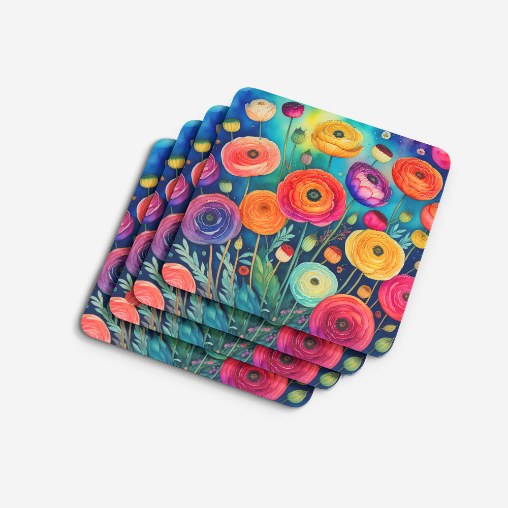 Colorful Ranunculus Foam Coasters Set of 4 Cup Coasters for Indoor Outdoor, Tabletop Protection, Anti Slip, Mouse pad Material