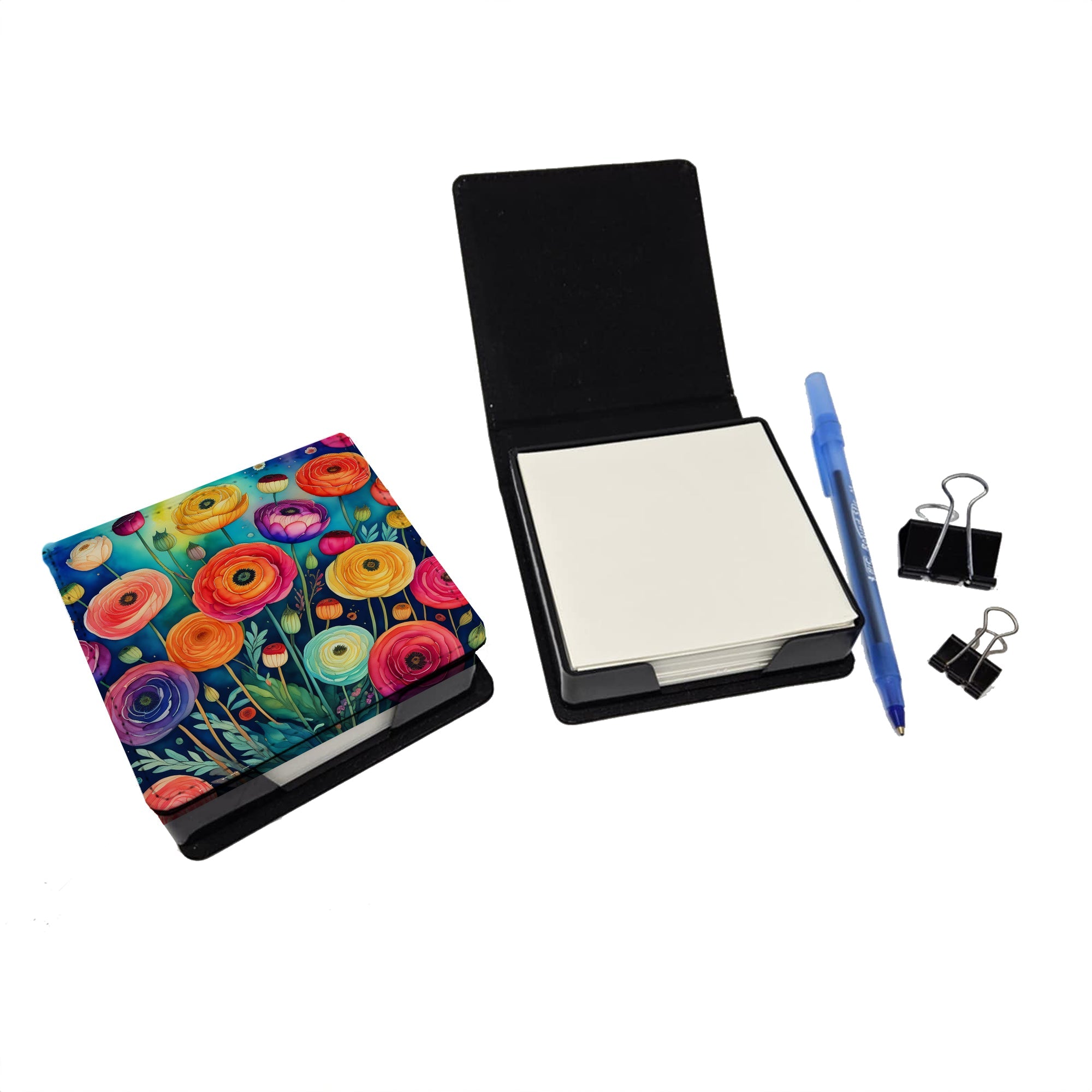 Colorful Ranunculus PU Leather Note Paper Holder with Artist-Designed Cover, Desk Accessory, Office Gift