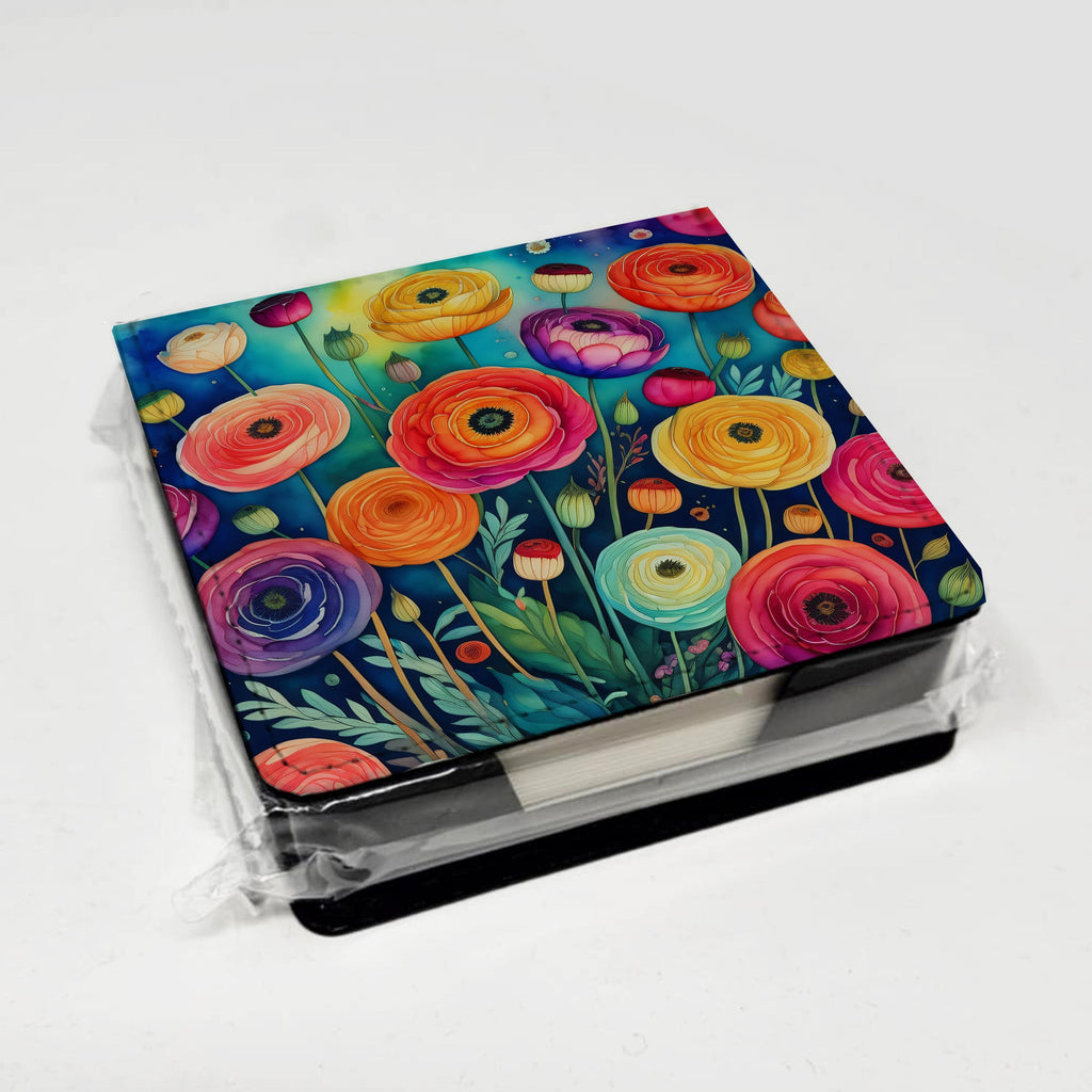 Colorful Ranunculus PU Leather Note Paper Holder with Artist-Designed Cover, Desk Accessory, Office Gift