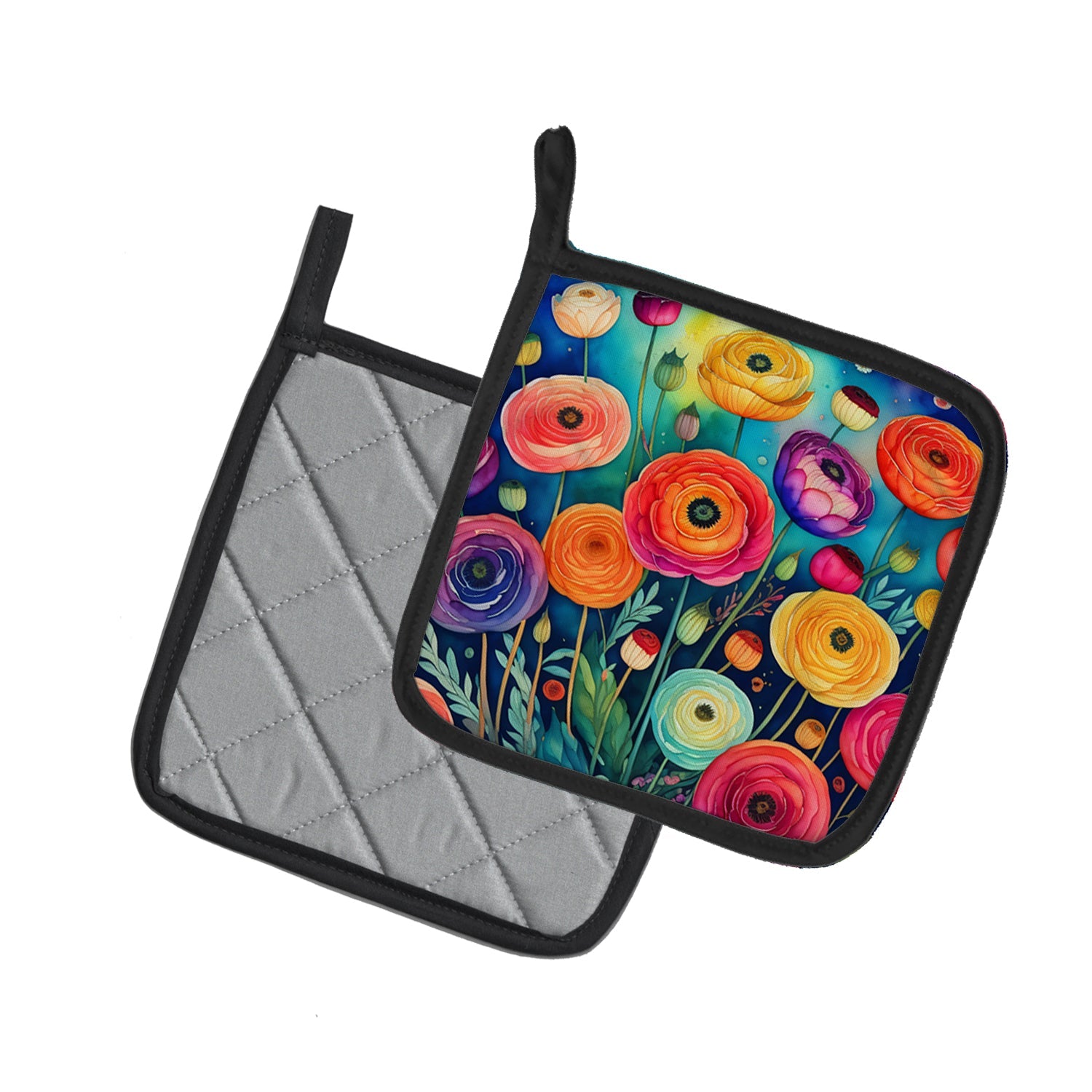 Colorful Ranunculus Pot Holder Set of 2 Heat Resistant Quilted Hot Pads 7.5 x 7.5 Inch, Insulated Kitchen Trivets for Cooking & Baking