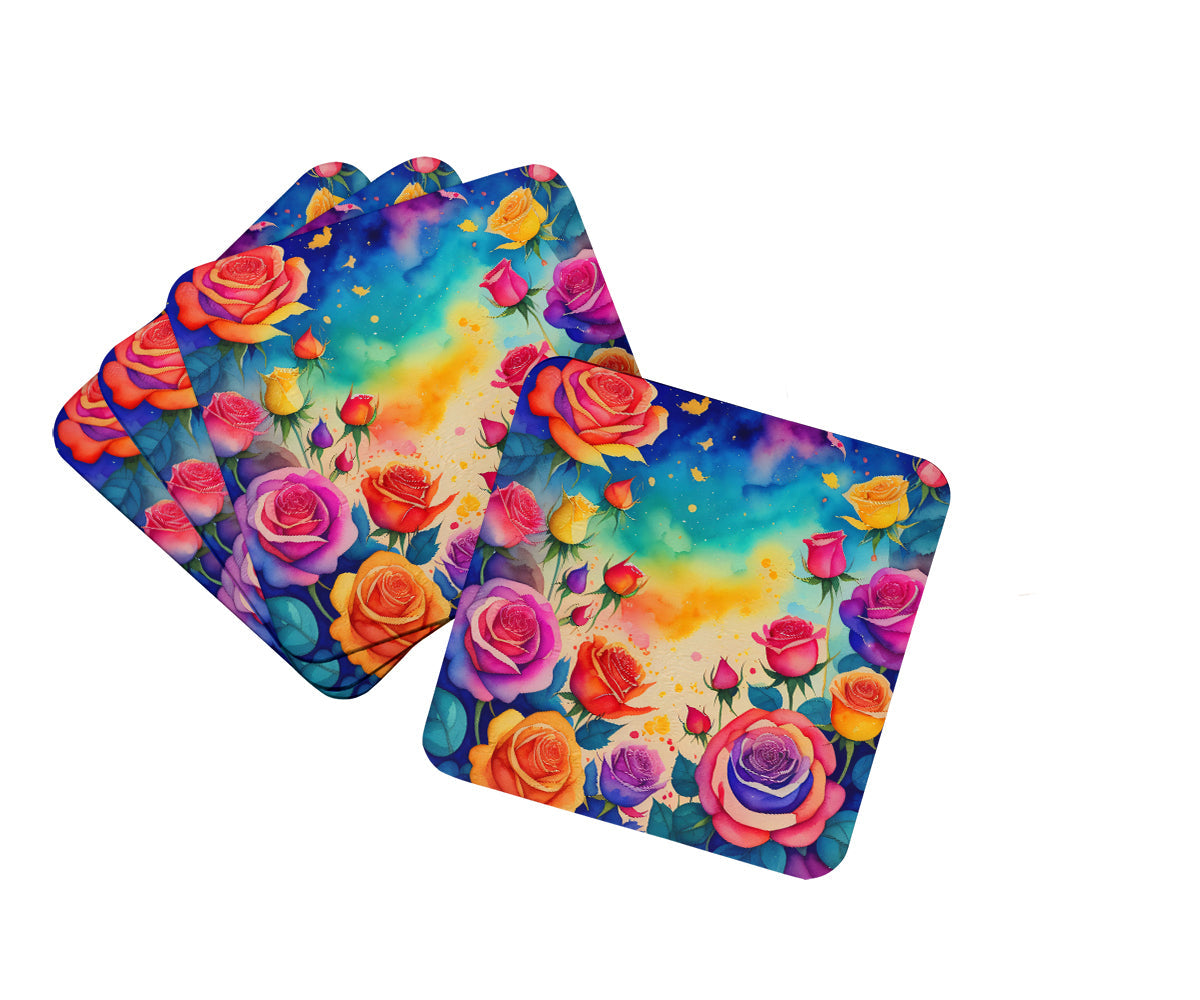 Colorful Roses Foam Coasters Set of 4 Cup Coasters for Indoor Outdoor, Tabletop Protection, Anti Slip, Mouse pad Material