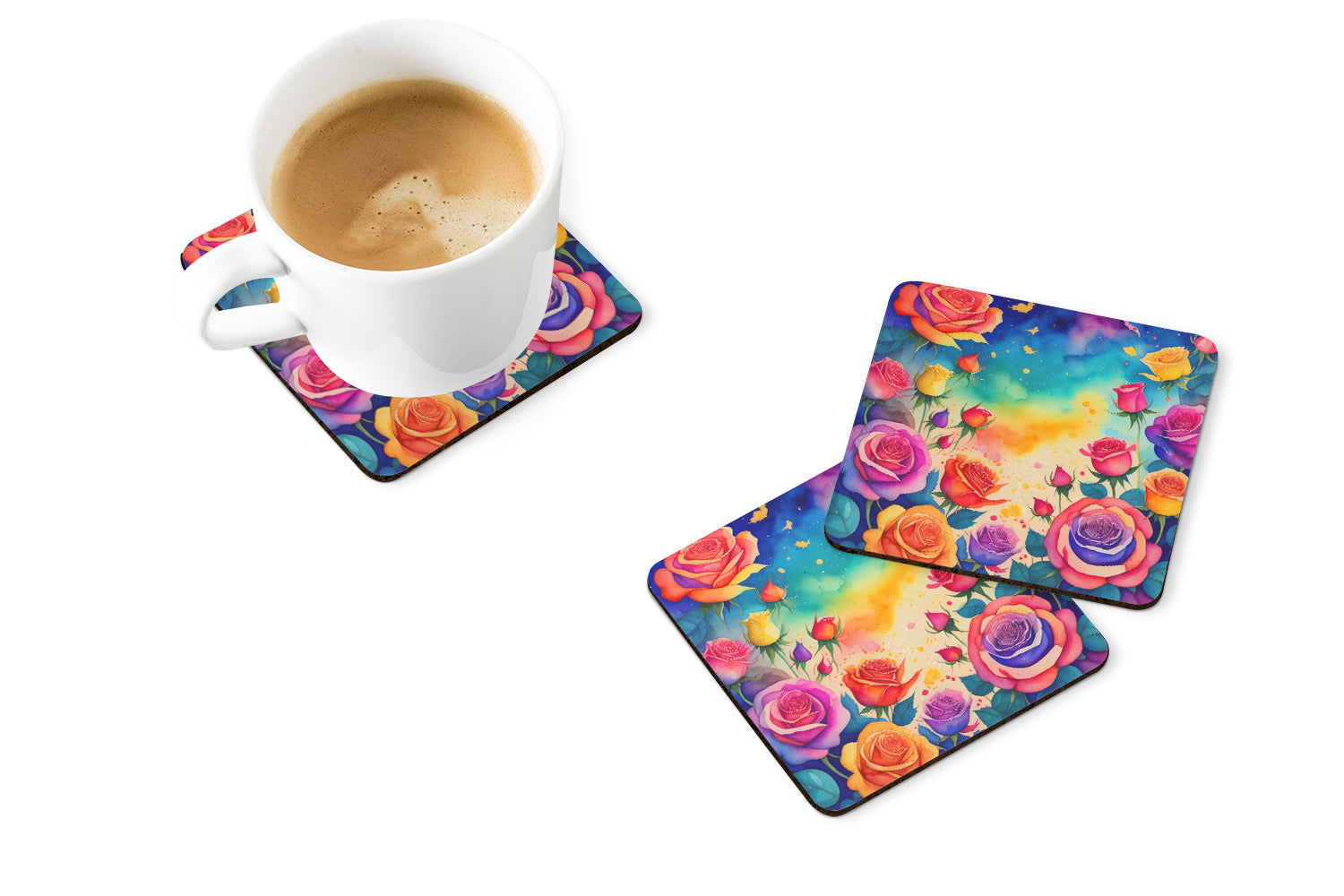 Colorful Roses Foam Coasters Set of 4 Cup Coasters for Indoor Outdoor, Tabletop Protection, Anti Slip, Mouse pad Material