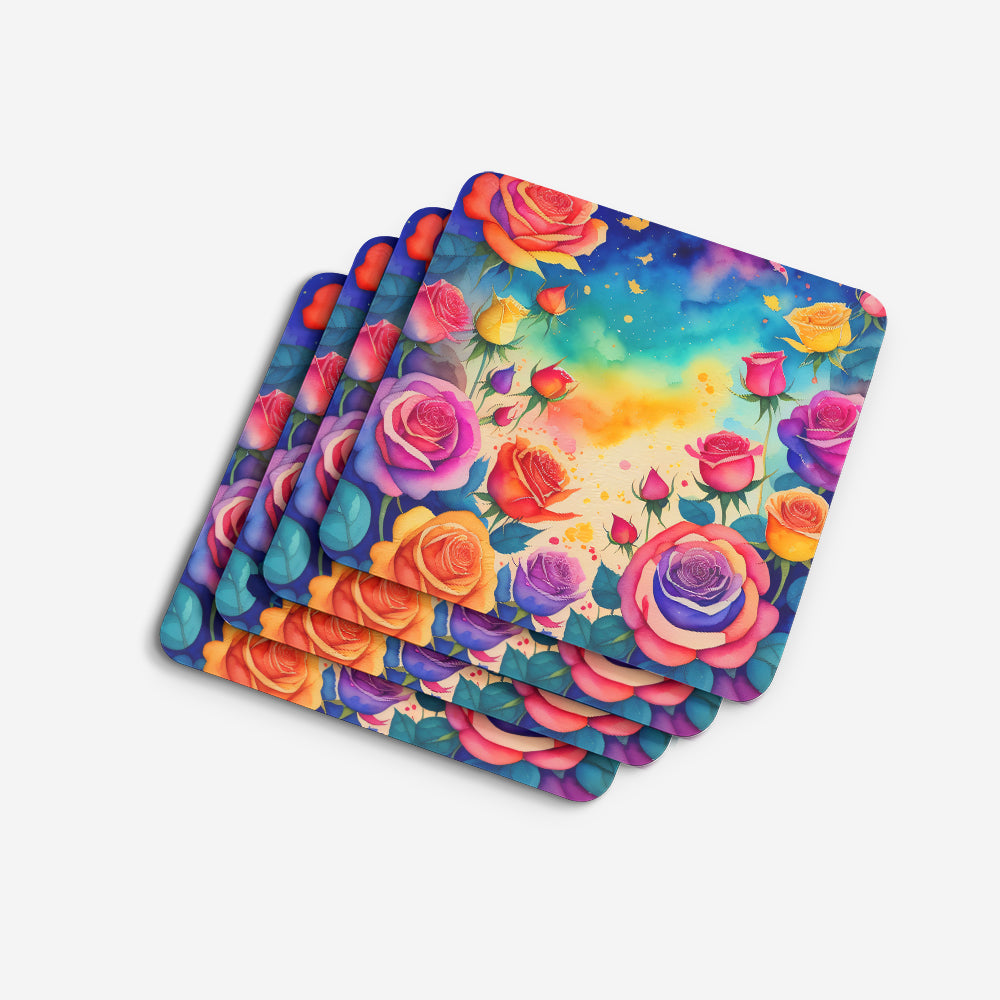 Colorful Roses Foam Coasters Set of 4 Cup Coasters for Indoor Outdoor, Tabletop Protection, Anti Slip, Mouse pad Material