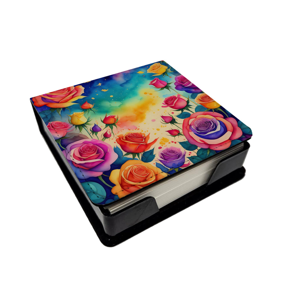 Colorful Roses PU Leather Note Paper Holder with Artist-Designed Cover, Desk Accessory, Office Gift