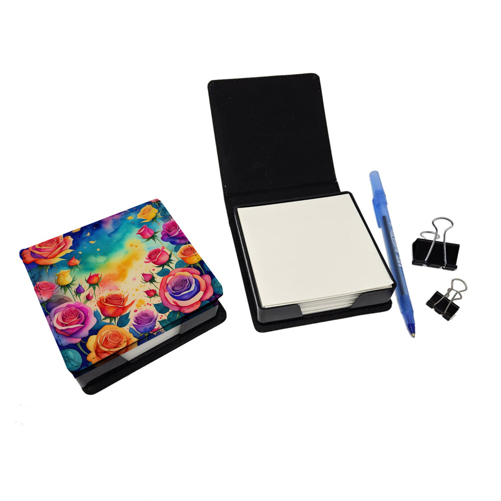 Colorful Roses PU Leather Note Paper Holder with Artist-Designed Cover, Desk Accessory, Office Gift