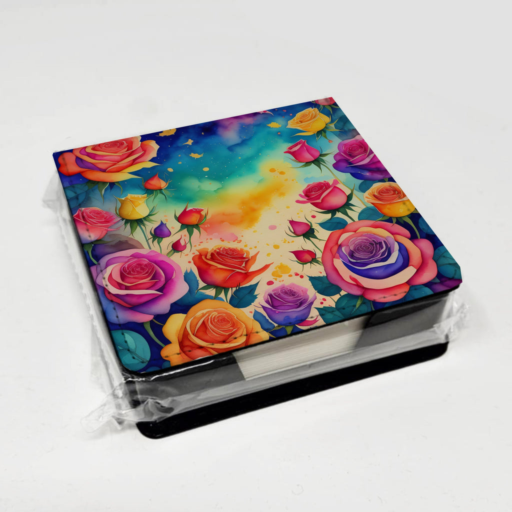 Colorful Roses PU Leather Note Paper Holder with Artist-Designed Cover, Desk Accessory, Office Gift