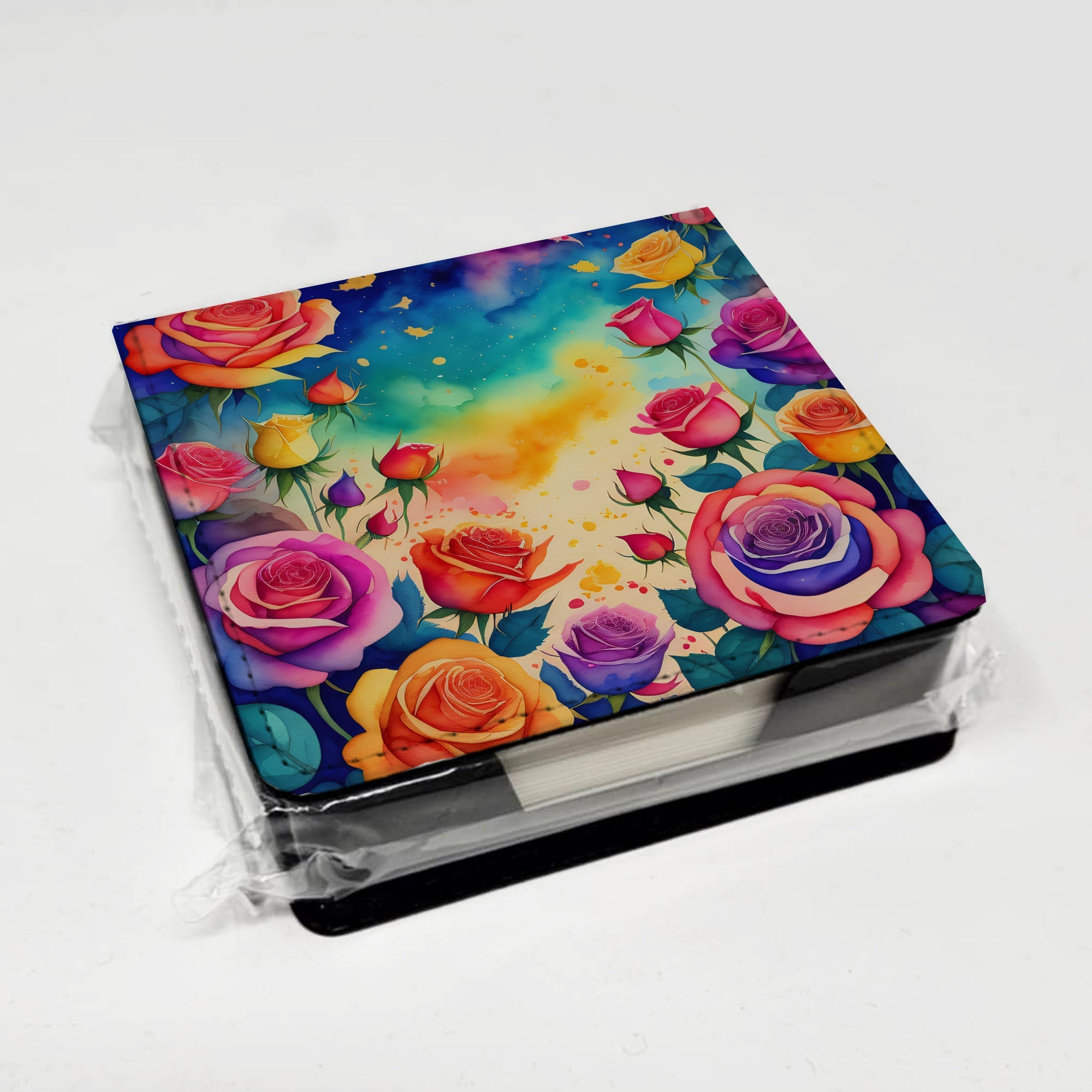 Colorful Roses PU Leather Note Paper Holder with Artist-Designed Cover, Desk Accessory, Office Gift