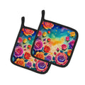 Colorful Roses Pot Holder Set of 2 Heat Resistant Quilted Hot Pads 7.5 x 7.5 Inch, Insulated Kitchen Trivets for Cooking & Baking