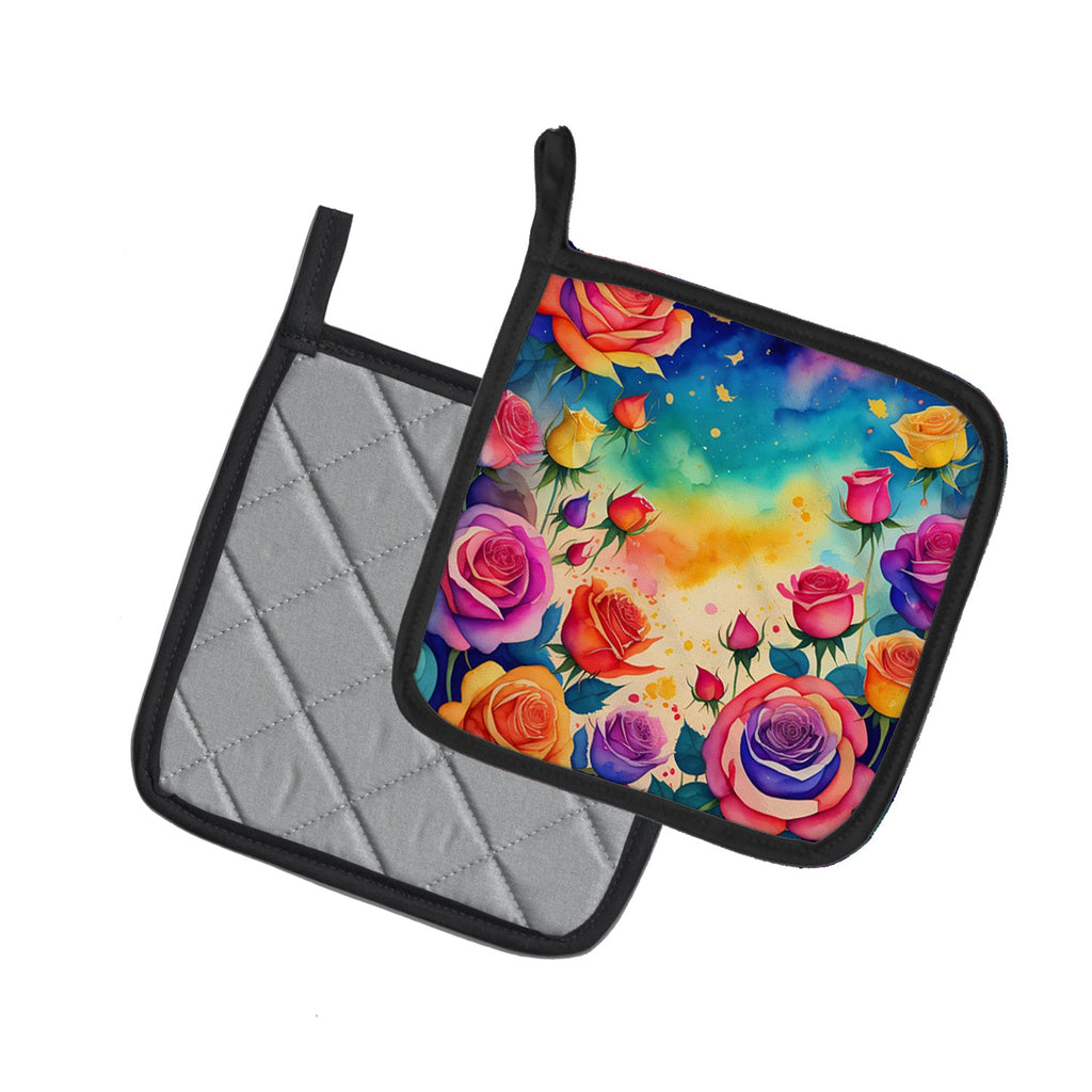 Colorful Roses Pot Holder Set of 2 Heat Resistant Quilted Hot Pads 7.5 x 7.5 Inch, Insulated Kitchen Trivets for Cooking & Baking