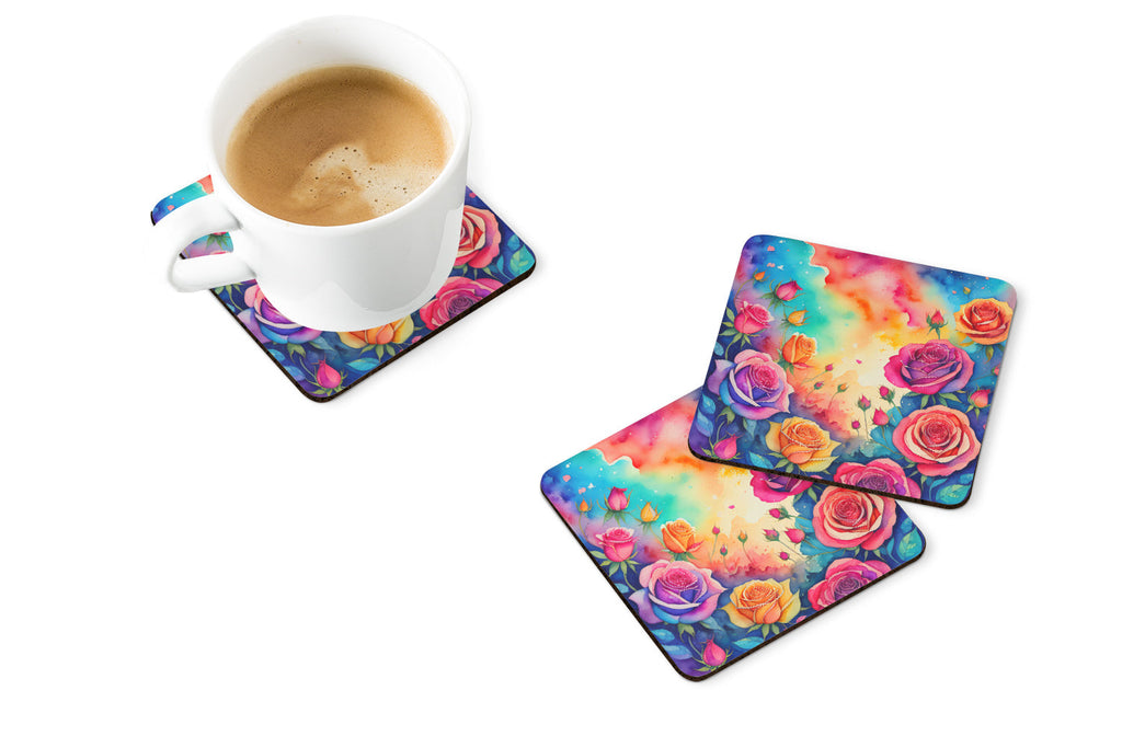 Colorful Roses Foam Coasters Set of 4 Cup Coasters for Indoor Outdoor, Tabletop Protection, Anti Slip, Mouse pad Material