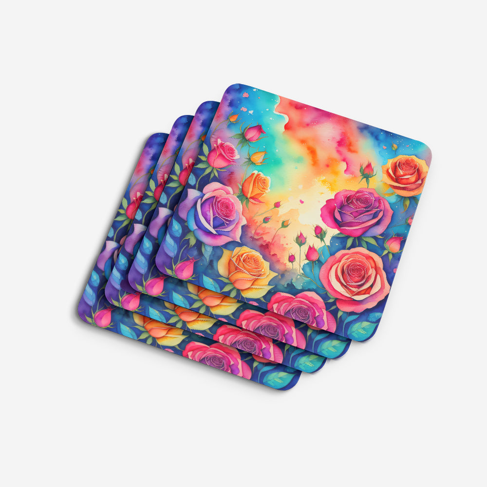 Colorful Roses Foam Coasters Set of 4 Cup Coasters for Indoor Outdoor, Tabletop Protection, Anti Slip, Mouse pad Material