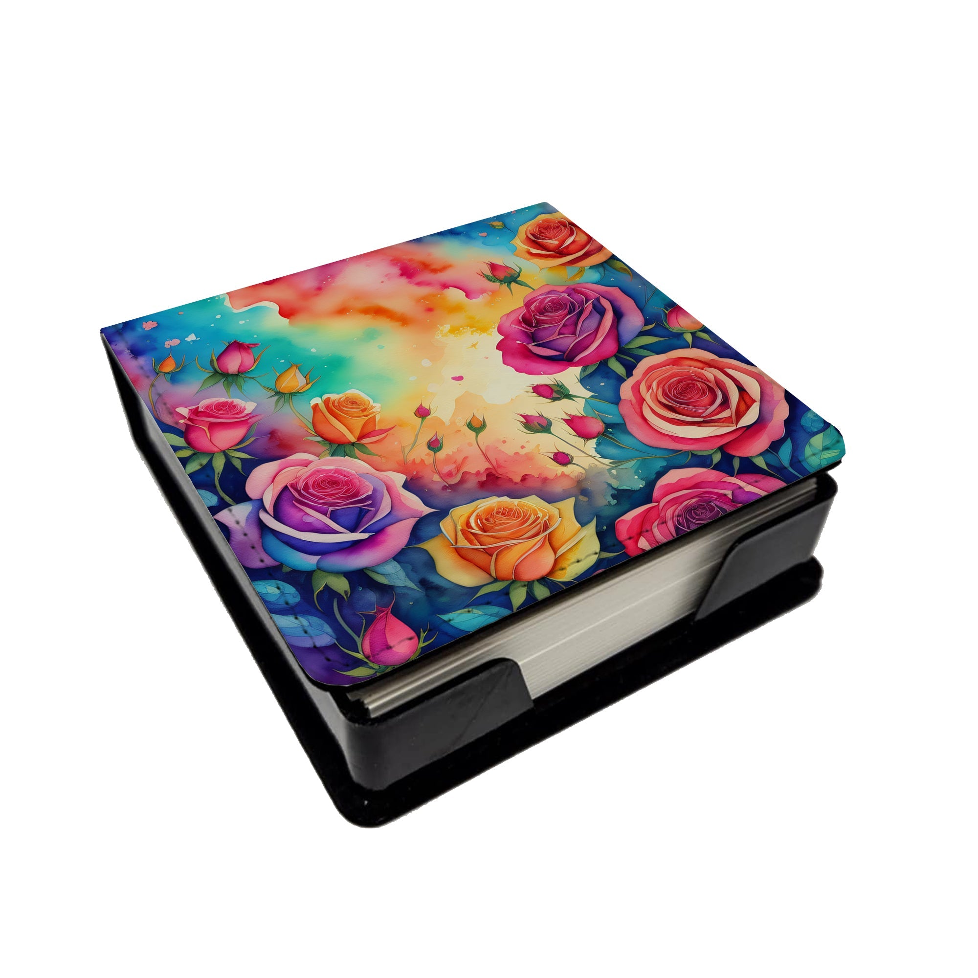 Colorful Roses PU Leather Note Paper Holder with Artist-Designed Cover, Desk Accessory, Office Gift