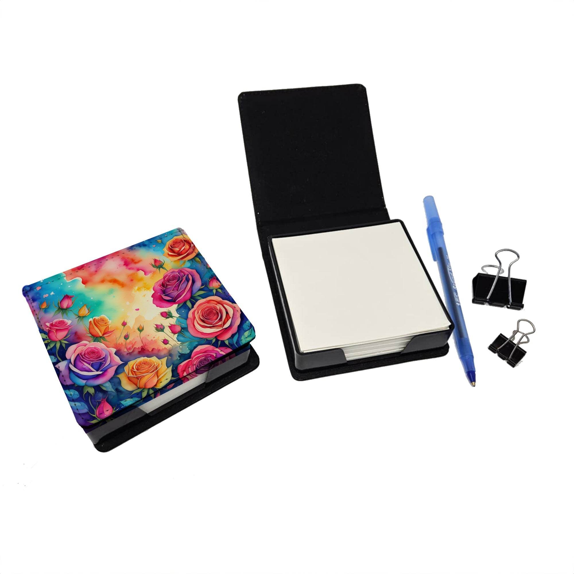 Colorful Roses PU Leather Note Paper Holder with Artist-Designed Cover, Desk Accessory, Office Gift