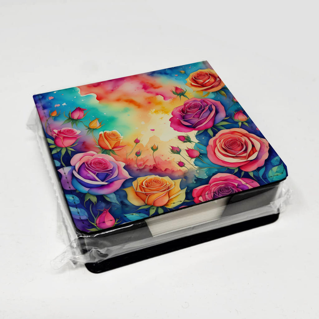 Colorful Roses PU Leather Note Paper Holder with Artist-Designed Cover, Desk Accessory, Office Gift