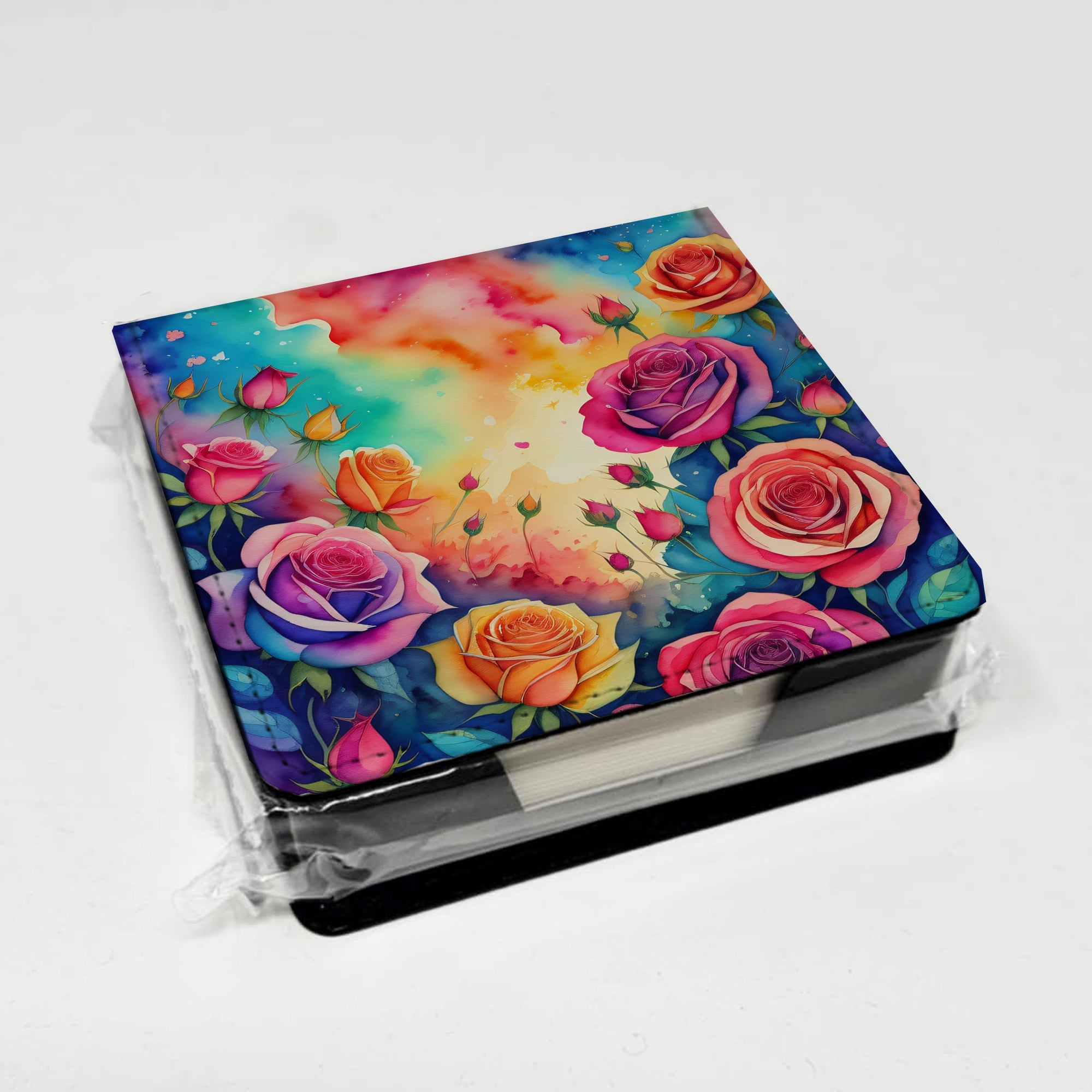 Colorful Roses PU Leather Note Paper Holder with Artist-Designed Cover, Desk Accessory, Office Gift