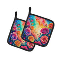 Colorful Roses Pot Holder Set of 2 Heat Resistant Quilted Hot Pads 7.5 x 7.5 Inch, Insulated Kitchen Trivets for Cooking & Baking