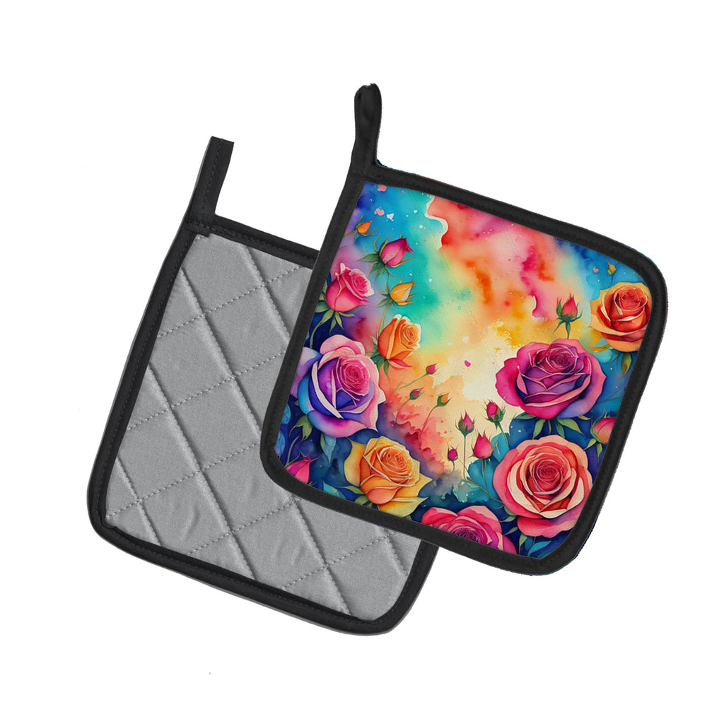 Colorful Roses Pot Holder Set of 2 Heat Resistant Quilted Hot Pads 7.5 x 7.5 Inch, Insulated Kitchen Trivets for Cooking & Baking