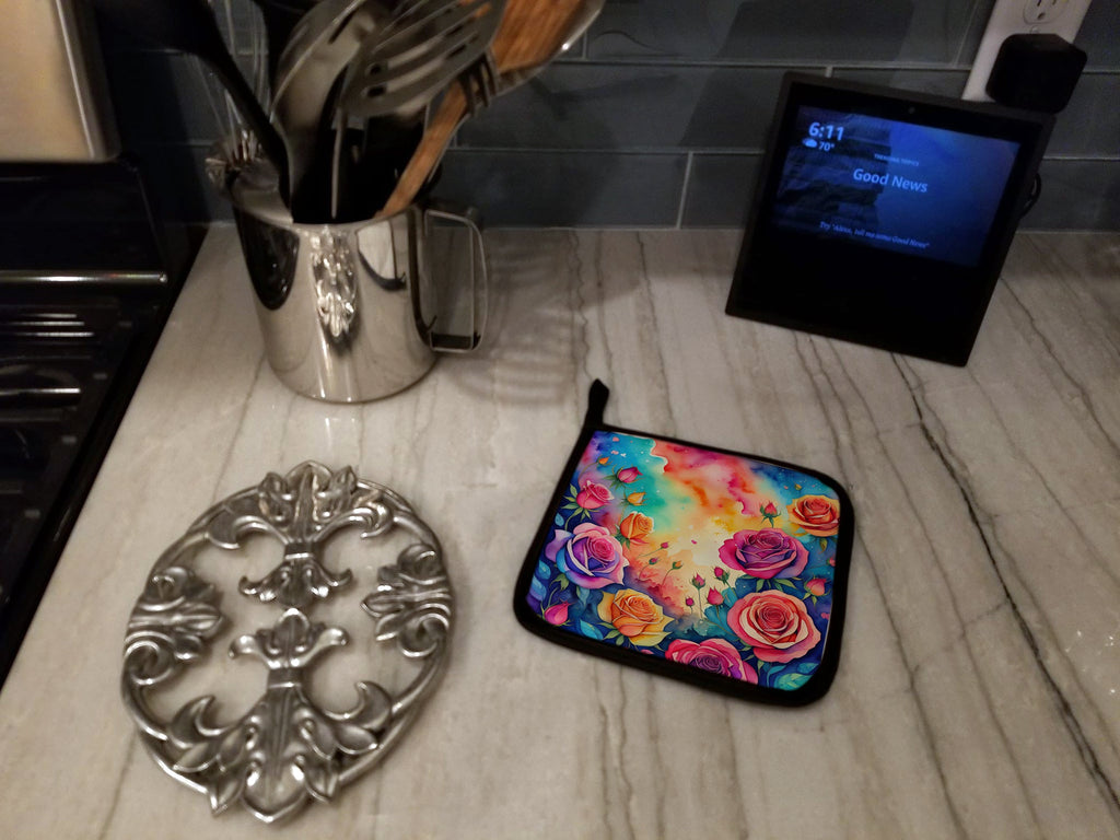 Colorful Roses Pot Holder Set of 2 Heat Resistant Quilted Hot Pads 7.5 x 7.5 Inch, Insulated Kitchen Trivets for Cooking & Baking