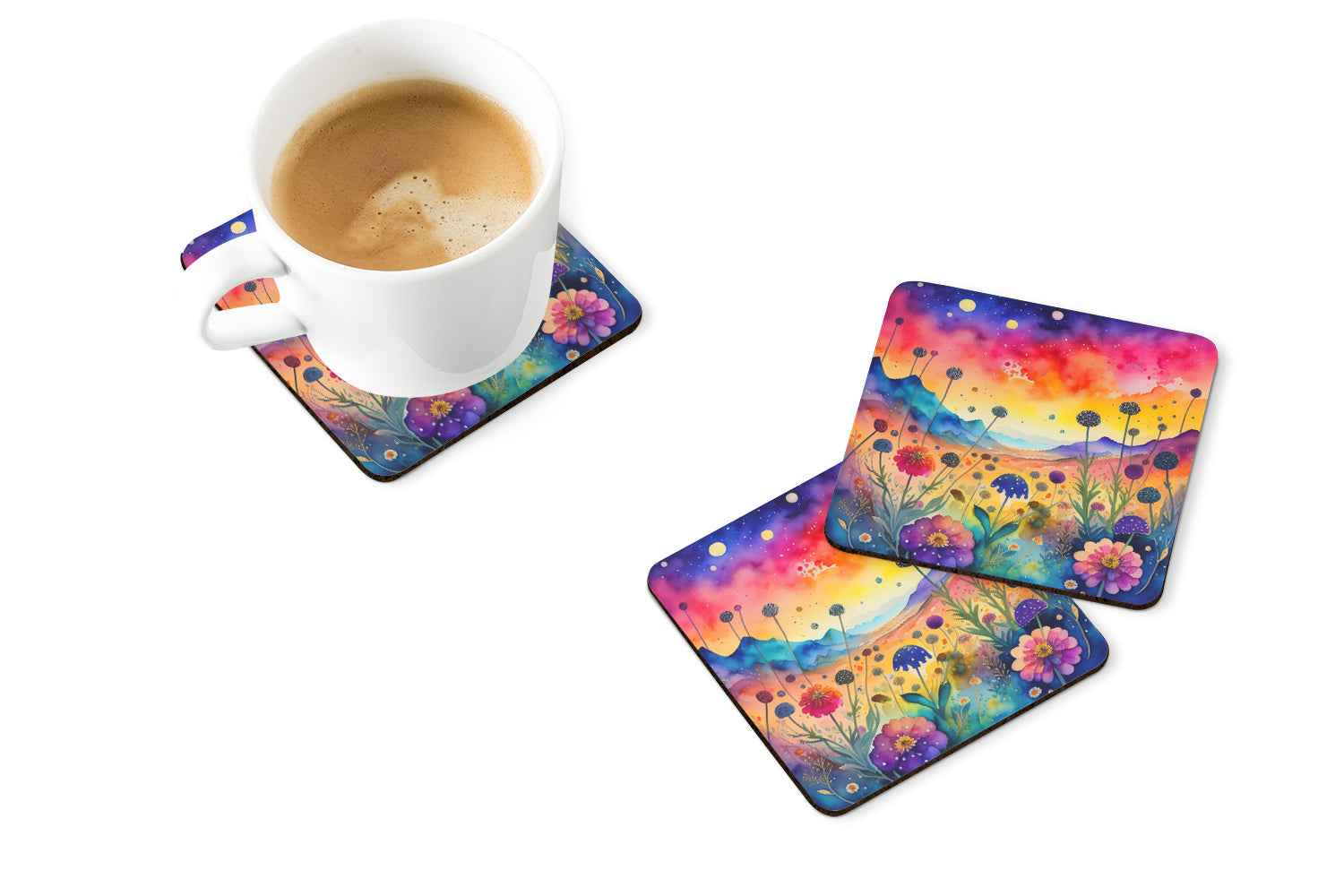 Colorful Scabiosa Foam Coasters Set of 4 Cup Coasters for Indoor Outdoor, Tabletop Protection, Anti Slip, Mouse pad Material