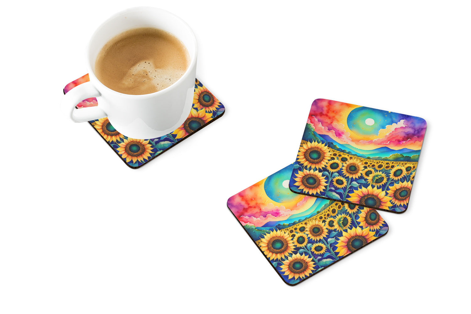 Colorful Sunflowers Foam Coasters Set of 4 Cup Coasters for Indoor Outdoor, Tabletop Protection, Anti Slip, Mouse pad Material