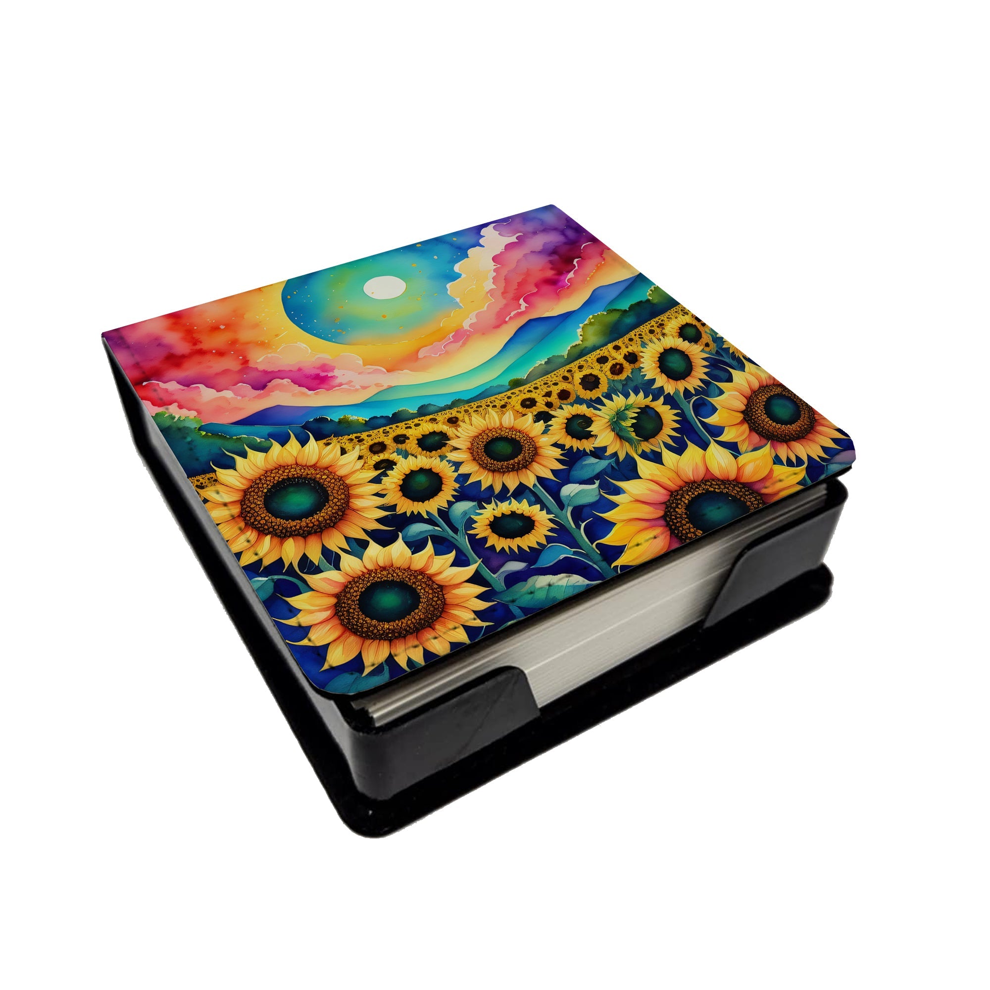 Colorful Sunflowers PU Leather Note Paper Holder with Artist-Designed Cover, Desk Accessory, Office Gift
