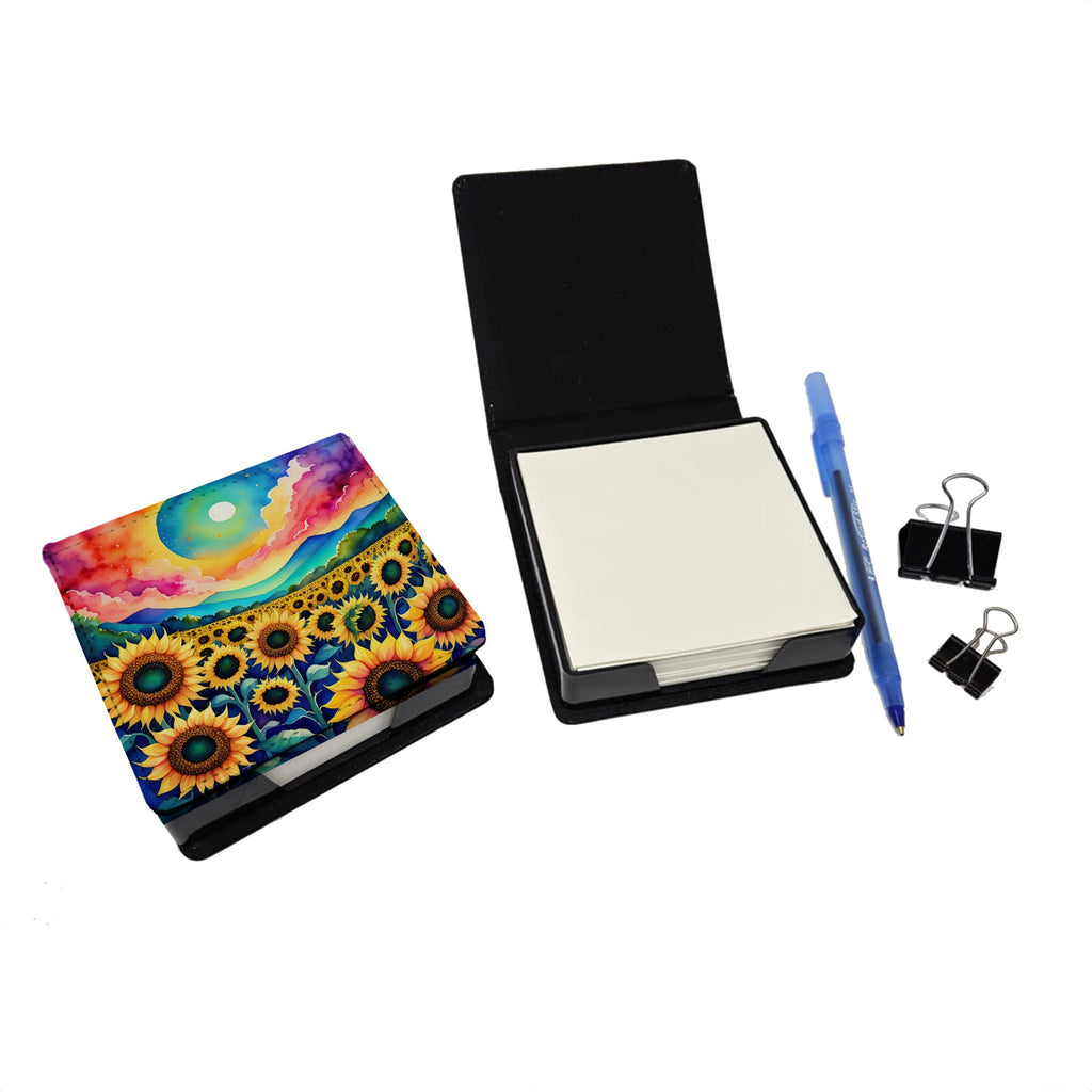 Colorful Sunflowers PU Leather Note Paper Holder with Artist-Designed Cover, Desk Accessory, Office Gift