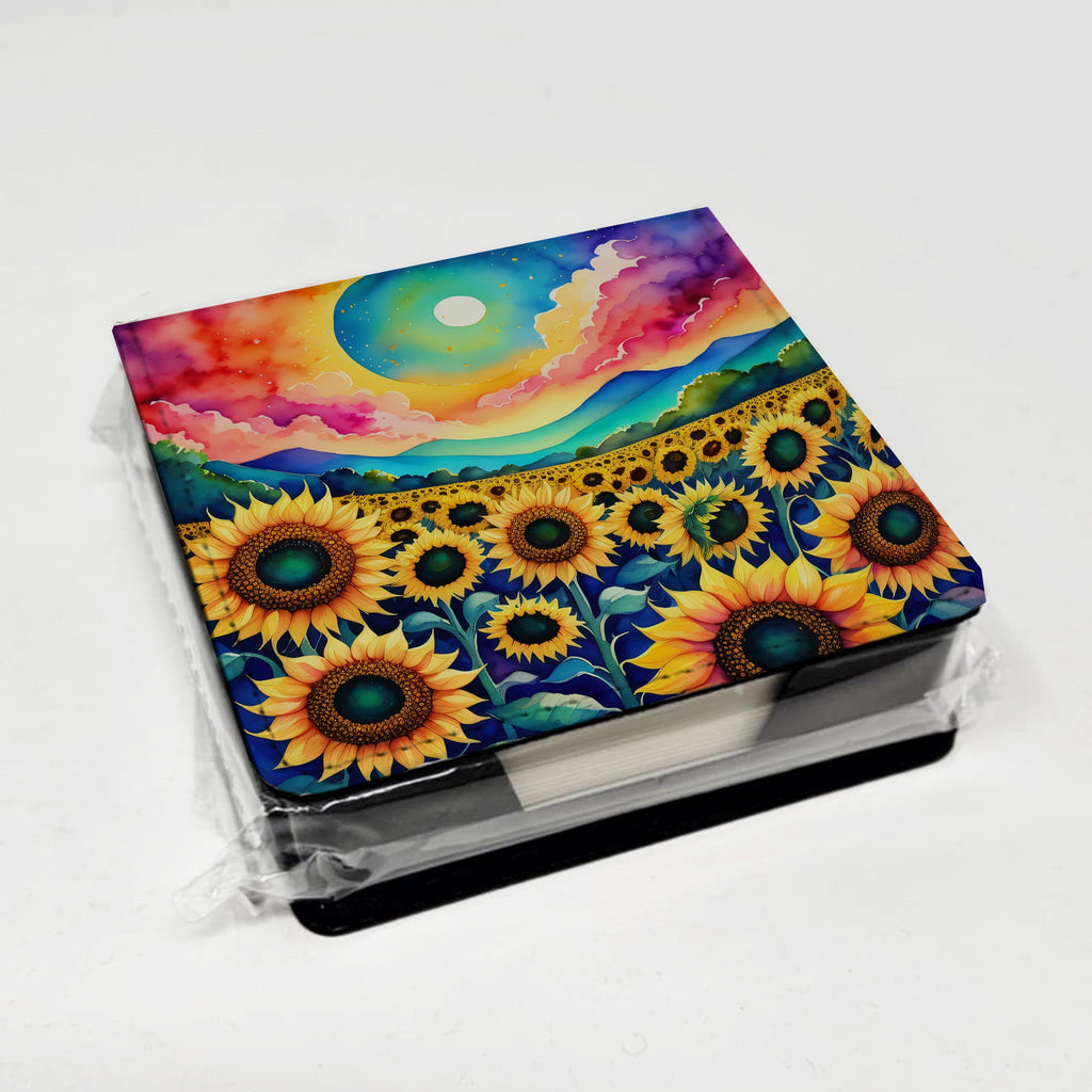 Colorful Sunflowers PU Leather Note Paper Holder with Artist-Designed Cover, Desk Accessory, Office Gift