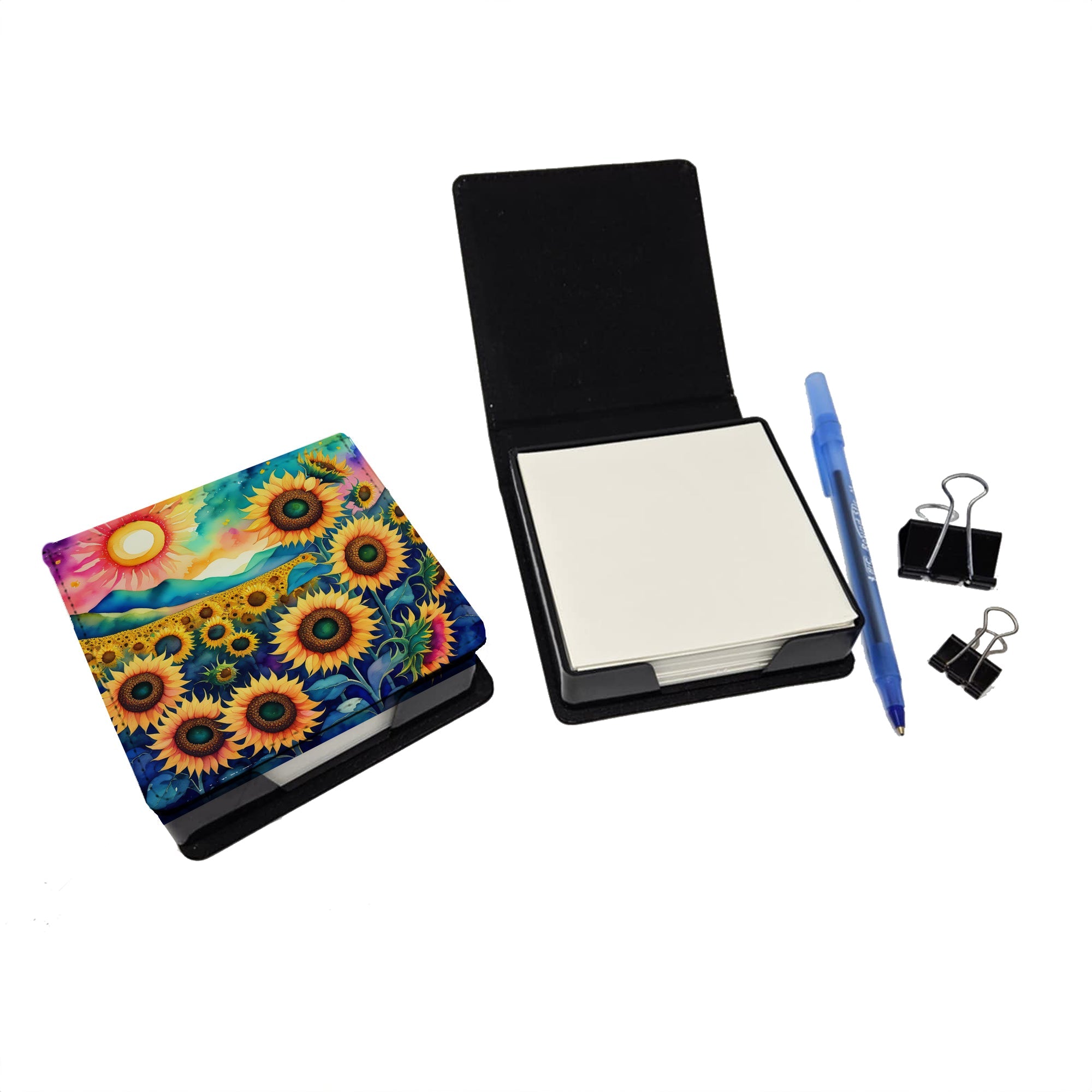 Colorful Sunflowers PU Leather Note Paper Holder with Artist-Designed Cover, Desk Accessory, Office Gift