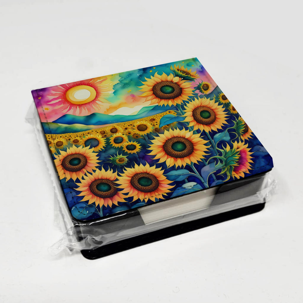 Colorful Sunflowers PU Leather Note Paper Holder with Artist-Designed Cover, Desk Accessory, Office Gift