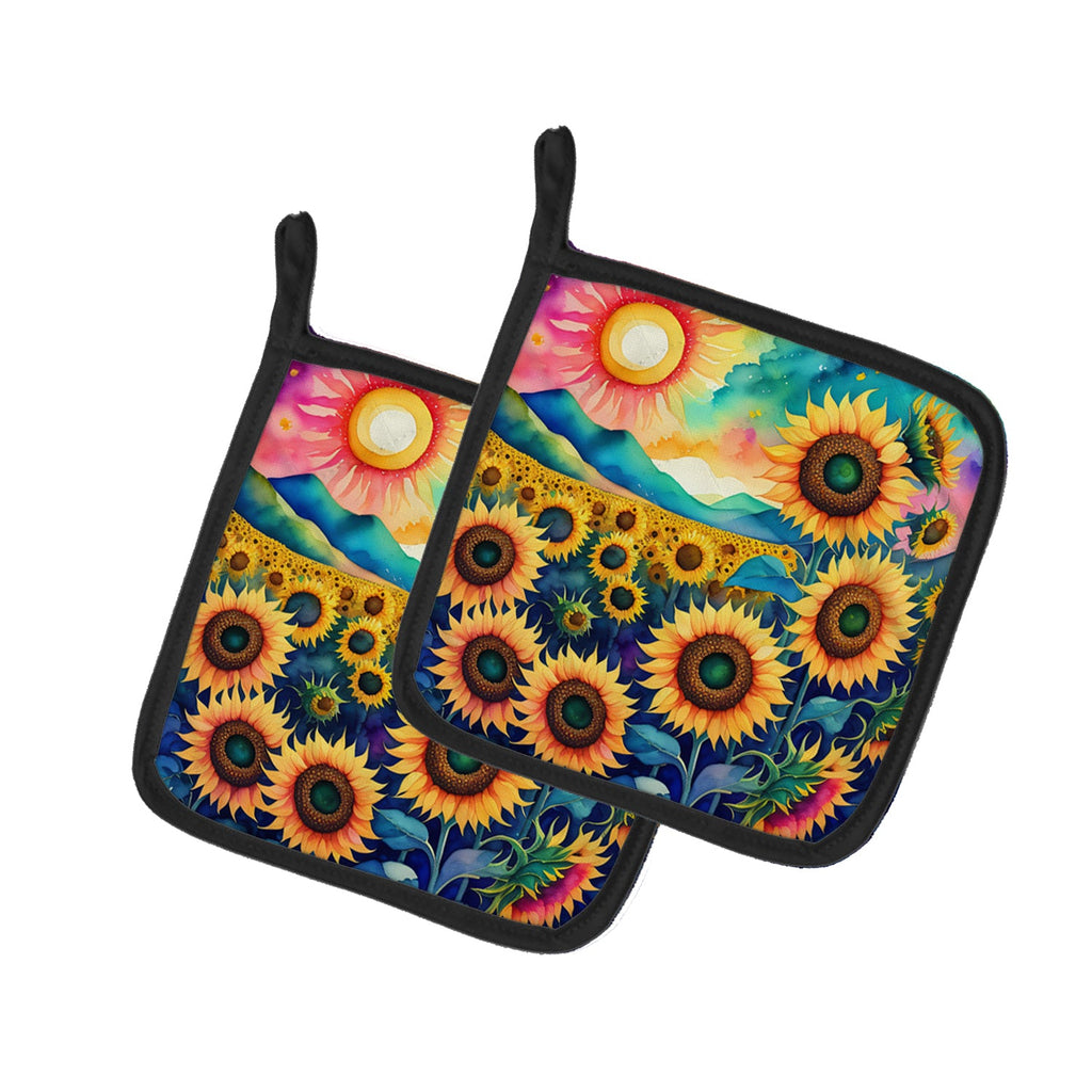 Colorful Sunflowers Pot Holder Set of 2 Heat Resistant Quilted Hot Pads 7.5 x 7.5 Inch, Insulated Kitchen Trivets for Cooking & Baking