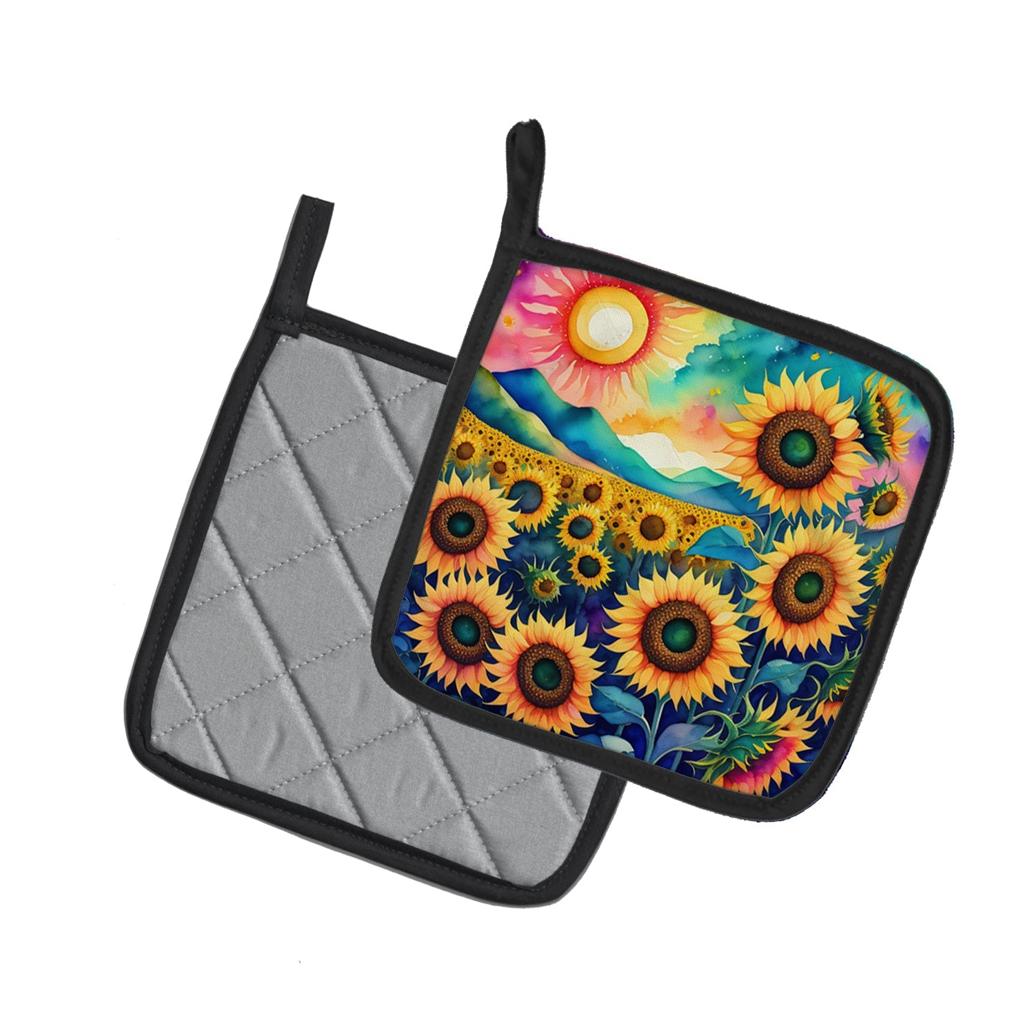 Colorful Sunflowers Pot Holder Set of 2 Heat Resistant Quilted Hot Pads 7.5 x 7.5 Inch, Insulated Kitchen Trivets for Cooking & Baking