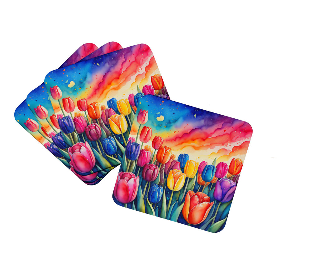Colorful Tulips Foam Coasters Set of 4 Cup Coasters for Indoor Outdoor, Tabletop Protection, Anti Slip, Mouse pad Material