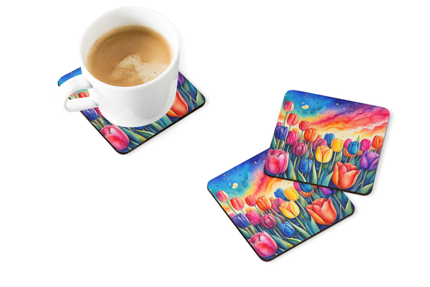Colorful Tulips Foam Coasters Set of 4 Cup Coasters for Indoor Outdoor, Tabletop Protection, Anti Slip, Mouse pad Material