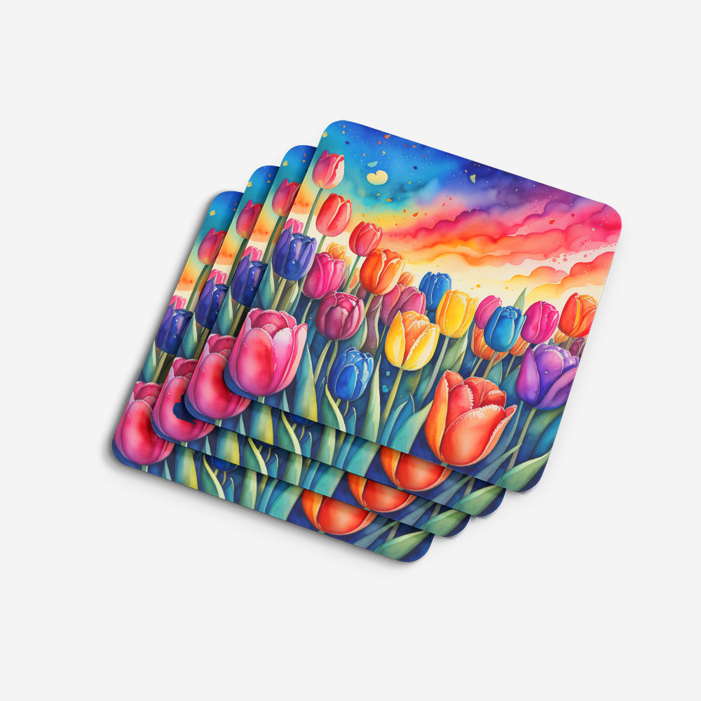 Colorful Tulips Foam Coasters Set of 4 Cup Coasters for Indoor Outdoor, Tabletop Protection, Anti Slip, Mouse pad Material