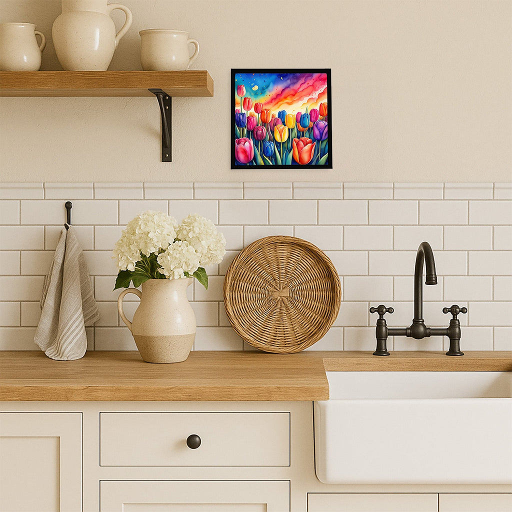 Colorful Tulips Framed Metal Print Bathroom, Kitchen, Office, Home Decor Wall Art Ready to Hang, Square, 8X8