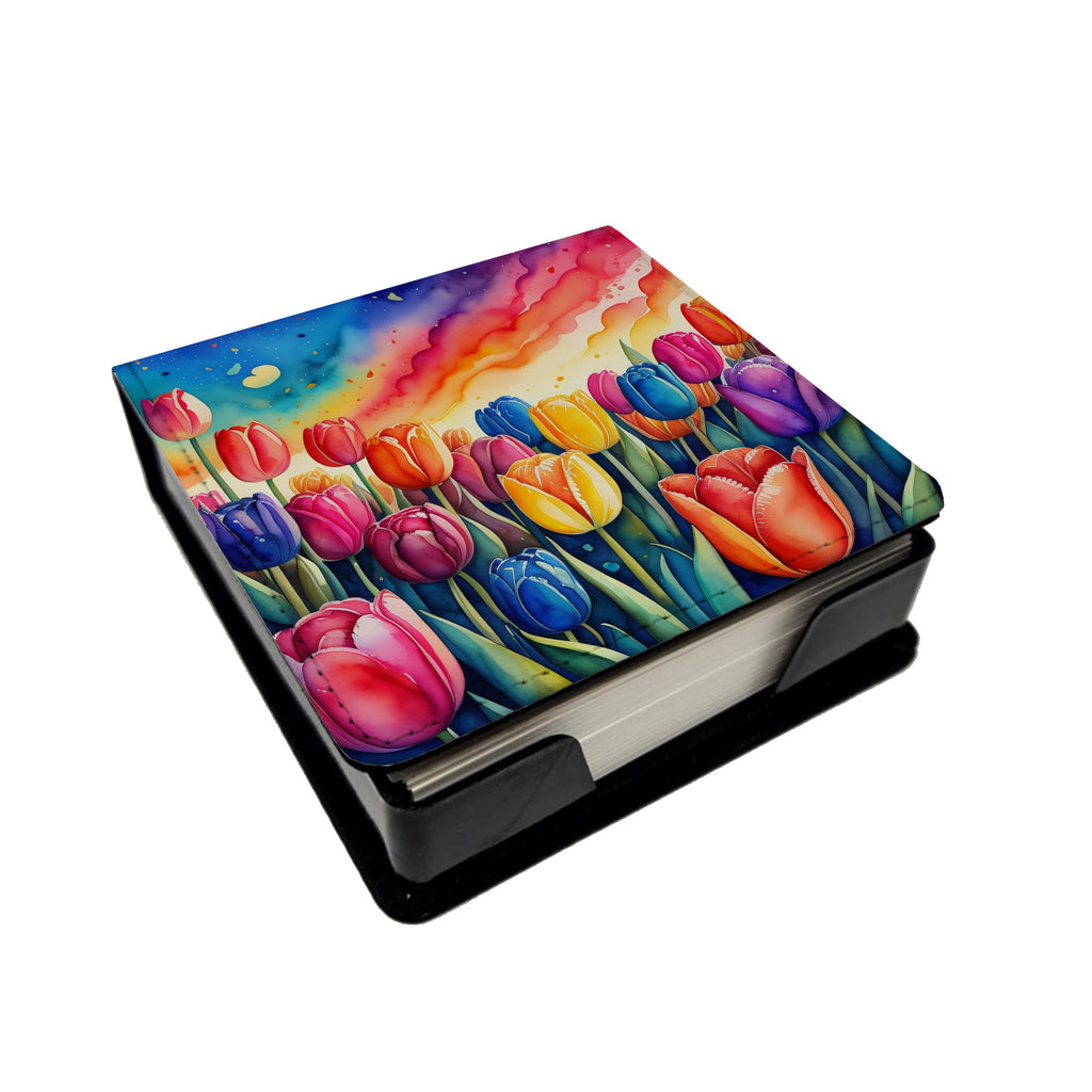 Colorful Tulips PU Leather Note Paper Holder with Artist-Designed Cover, Desk Accessory, Office Gift