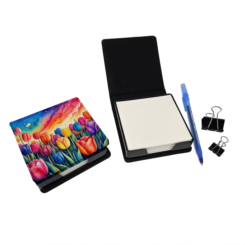Colorful Tulips PU Leather Note Paper Holder with Artist-Designed Cover, Desk Accessory, Office Gift