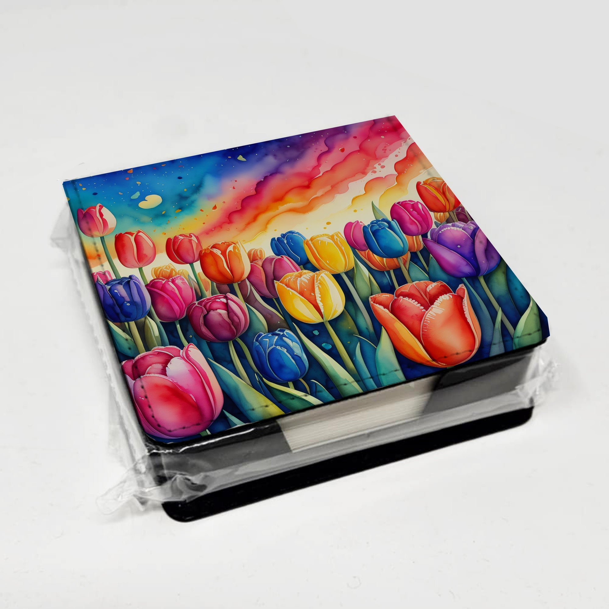 Colorful Tulips PU Leather Note Paper Holder with Artist-Designed Cover, Desk Accessory, Office Gift