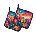 Colorful Tulips Pot Holder Set of 2 Heat Resistant Quilted Hot Pads 7.5 x 7.5 Inch, Insulated Kitchen Trivets for Cooking & Baking