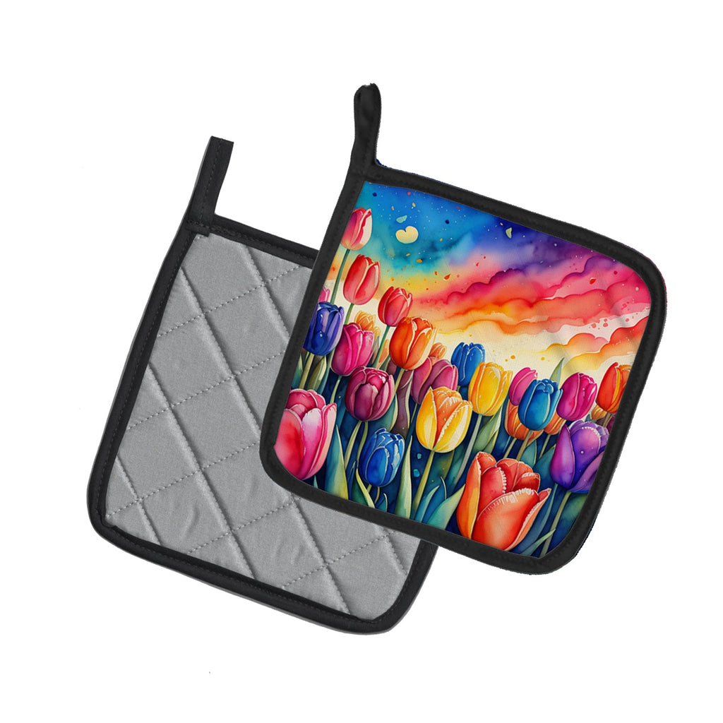 Colorful Tulips Pot Holder Set of 2 Heat Resistant Quilted Hot Pads 7.5 x 7.5 Inch, Insulated Kitchen Trivets for Cooking & Baking