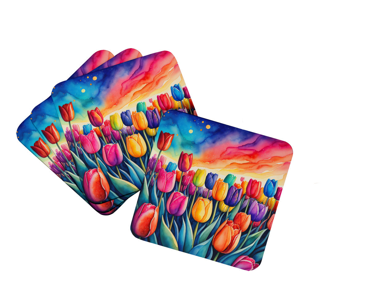 Colorful Tulips Foam Coasters Set of 4 Cup Coasters for Indoor Outdoor, Tabletop Protection, Anti Slip, Mouse pad Material
