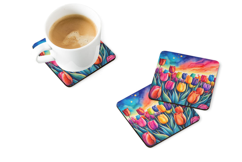 Colorful Tulips Foam Coasters Set of 4 Cup Coasters for Indoor Outdoor, Tabletop Protection, Anti Slip, Mouse pad Material