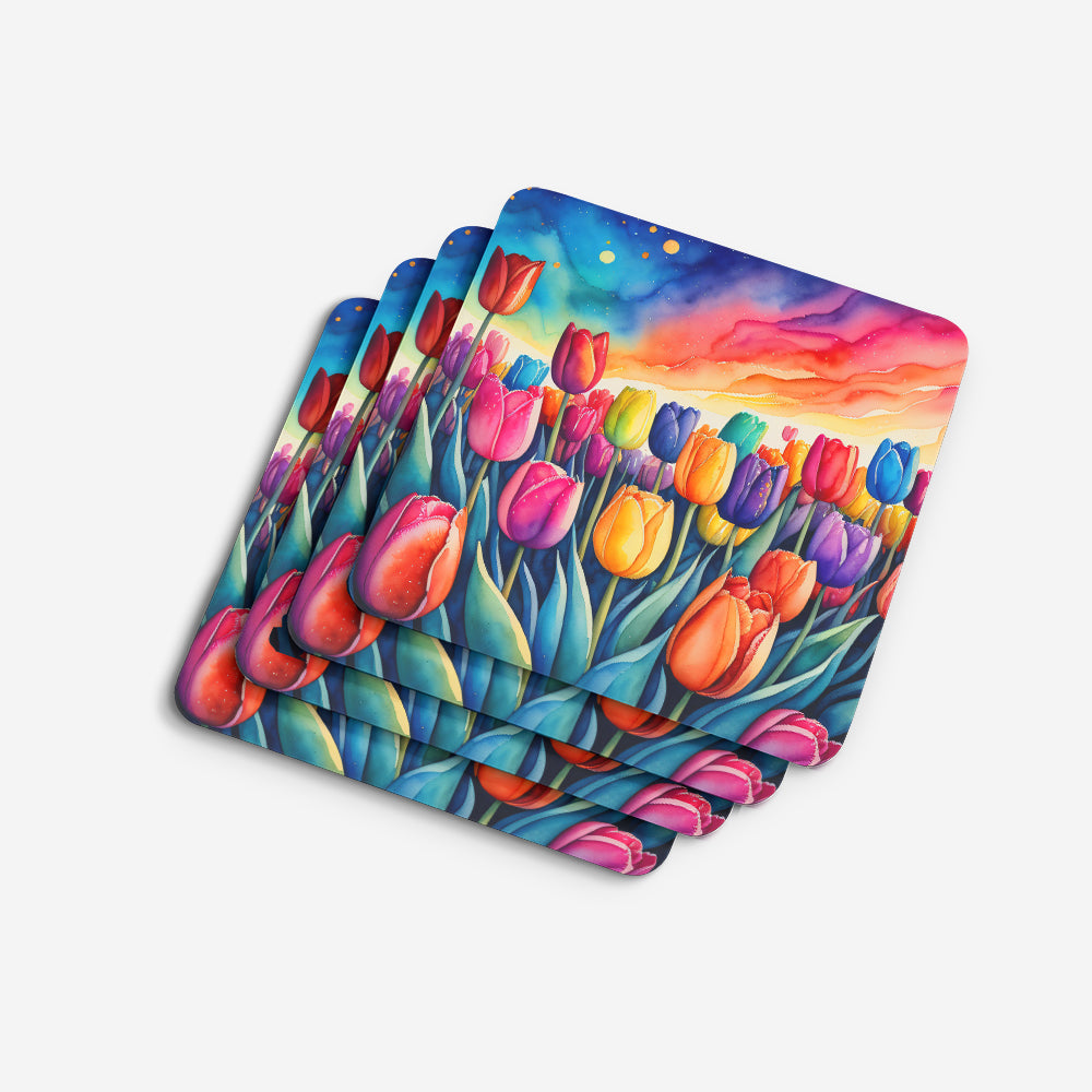 Colorful Tulips Foam Coasters Set of 4 Cup Coasters for Indoor Outdoor, Tabletop Protection, Anti Slip, Mouse pad Material