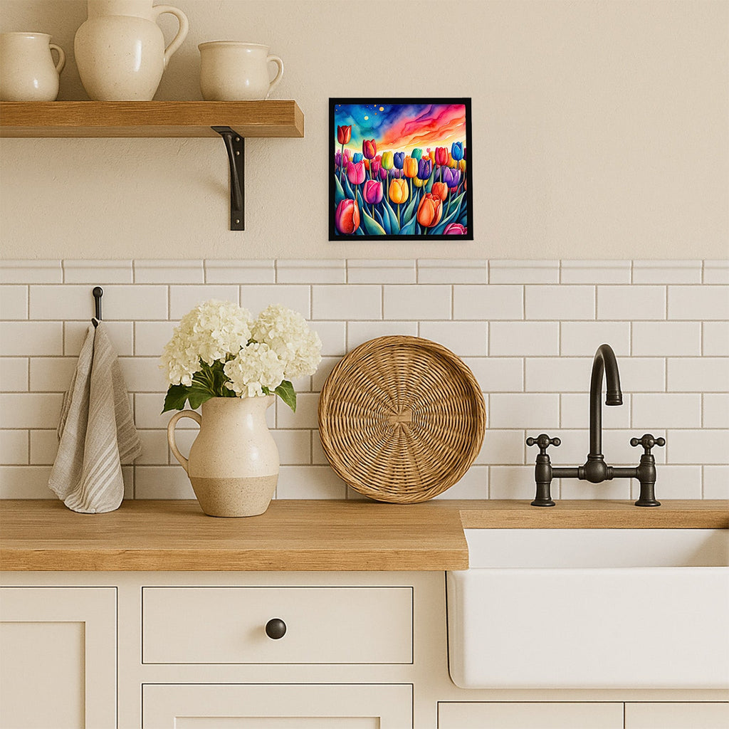 Colorful Tulips Framed Metal Print Bathroom, Kitchen, Office, Home Decor Wall Art Ready to Hang, Square, 8X8