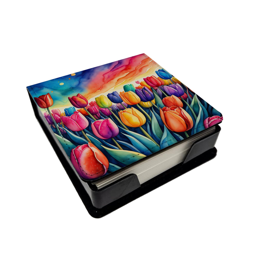 Colorful Tulips PU Leather Note Paper Holder with Artist-Designed Cover, Desk Accessory, Office Gift