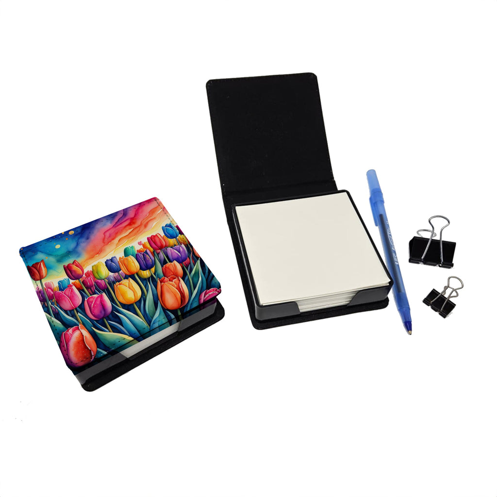 Colorful Tulips PU Leather Note Paper Holder with Artist-Designed Cover, Desk Accessory, Office Gift