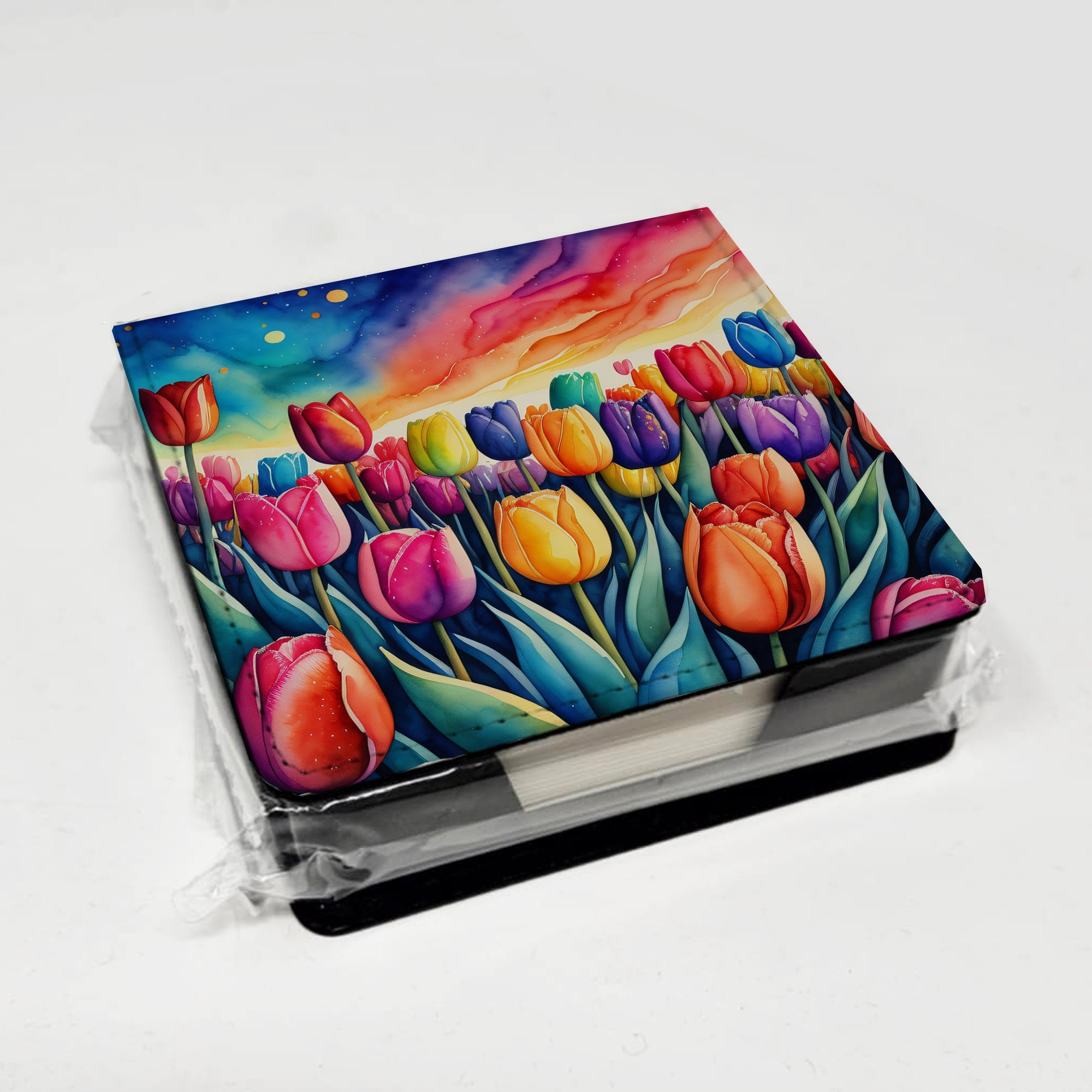 Colorful Tulips PU Leather Note Paper Holder with Artist-Designed Cover, Desk Accessory, Office Gift